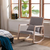 George Oliver Solid Wood Linen Fabric Wash Rocking Chair With  Removable Lumbar Pillow