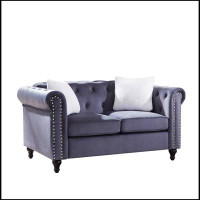 House of Hampton Loveseat Living Room Sofa, With Button And Copper Nail On Arms And Back, Two White Villose Pillow, Velv
