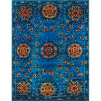 Pasargad Azerbaijan Oriental Hand-Knotted Silk Blue/Orange/Red Area Rug