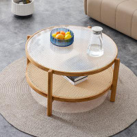 Bay Isle Home™ Modern Simple Circular Double-Layer Solid Wood Tea Table Rattan Woven Chinese Side Table Small Round Tabl