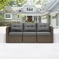 Red Barrel Studio 3 Seats Patio Sofa ,Brown Wicker Dark Grey Cushion