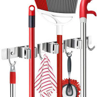 WFX Utility™ Mop Broom Holder Wall Mount Heavy Duty Hooks Hanger 17” Stainless Steel Organizer For Home Laundry Bathroom
