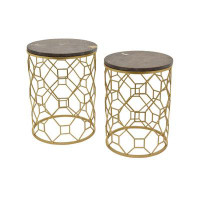 Everly Quinn Tich Plant Stand Table Set Of 2, Round Top, Open Metal Frame, White, Gold