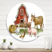 East Urban Home Farm House With Goose Chicken Cow Pig And Haystack - Rustic Metal Circle Wall Art