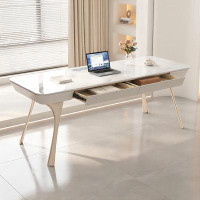 Recon Furniture 55.12" White Rectangular Sintered Stone Carbon Steel Wood Desk,2-drawer