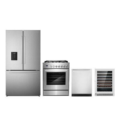 Cosmo 4 Piece Kitchen Package With 30" Freestanding Gas Range 24" Built-in Fully Integrated Dishwasher French Door Refri in Refrigerators