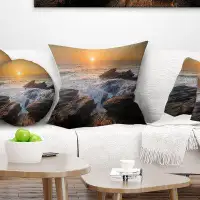 East Urban Home Beach Photo Sunset over Rocky Seashore Pillow