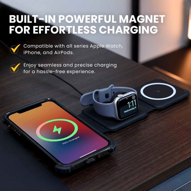 MotionGrey Foldable Magnetic Wireless Charger 3-in-1 for iPhone, AirPods &amp; Apple Watch - Black in Other - Image 3