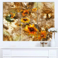 Design Art 'Yellow Flowers with Brown Background' 3 Piece Painting Print on Wrapped Canvas Set