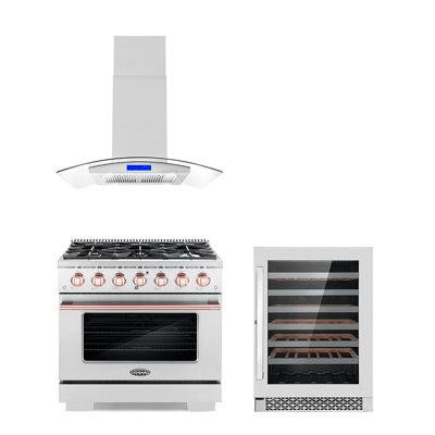 Cosmo Cosmo 3 Piece Kitchen Appliance Package with 36'' Gas Freestanding Range , Island Range Hood , and Wine Refrigerat in Refrigerators