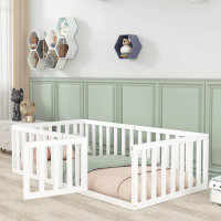 Harriet Bee Twin Size Wood Floor Bed Frame With Fence And Door, White