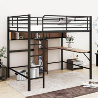 Mason & Marbles Beelu Kids Full Metal & Wood Loft Bed With L -Shaped Desk and Shelves