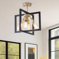 17 Stories Aaliha 4-Light Black and Gold Industrial Square Semi Flush Mount,Farmhouse Vintage Ceiling Lamp