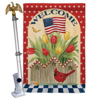 Breeze Decor Patriotic Flowers - Impressions Decorative Aluminum Pole & Bracket House Flag Set HS111062-BO-02
