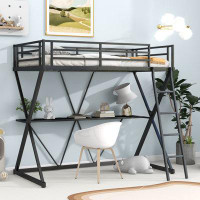 Home Sweet Dream Joy Twin Size Loft Bed With Desk, Ladder And Full-Length Guardrails, X-Shaped Frame, Black