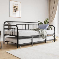 Red Barrel Studio Twin Size Metal Daybed Frame With Trundle, Heavy Duty Steel Slat Support Sofa Bed Platform With Headbo