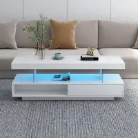 Wrought Studio Joddie LED Coffee Table with Storage, Living Room Table with 2 Drawers and Display Shelves