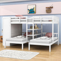 Harriet Bee Jahziyah Full over Twin and Twin Wood Bunk Bed with Shelves and Wardrobe and Mirror