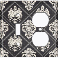 WorldAcc Metal Light Switch Plate Outlet Cover (Damask Black Diamond - (L) Single Toggle / (R) Single Outlet)