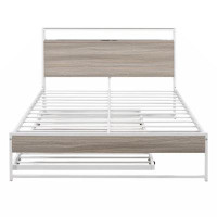 17 Stories Full Size Metal Platform Bed Frame With Trundle, USB Ports And Slat Support ,No Box Spring Needed White