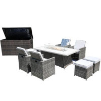 Hokku Designs Ten Piece Outdoor Gray Wicker Multiple Chairs Seating Group Fire Pit Included With Cushions