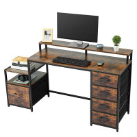 Inbox Zero Retro Rustic Brown Office Desk - Compact Design, Integrated Storage, Elevated Monitor Stand