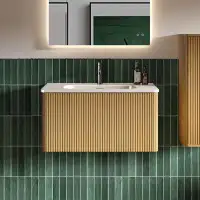 Ebern Designs U049-etna30w-306 Etna 30" Striped Natural Oak Bathroom Vanity With White Ceramic Sink, Wall Mounted Floati