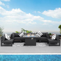 Latitude Run® Gilio 9 - Piece Outdoor Patio Aluminum Fire Pit Set with Cushions and Coffee Tables