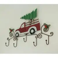 The Holiday Aisle® Metal Art Scroll Rustic Red Truck With Tree And Holly Wall Hook Rack