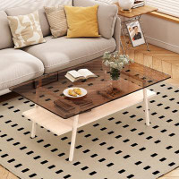 Ivy Bronx Contemporary Rectangular Coffee Table With Brown Tempered Glass & White Metal Legs