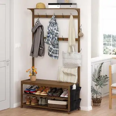 17 Stories Hall Tree With Shoe Bench Entryway Bench With Coat Rack 6-In-1 Coat Rack Shoe Bench With Cloth Bag Storage Be