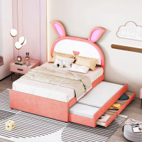 Zoomie Kids Full Size Upholstered Platform Bed With Trundle And 3 Drawers, Rabbit-Shaped Headboard With Embedded LED Lig