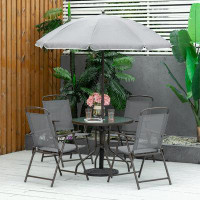 Winston Porter 6 Piece Patio Dining Set with Umbrella, 4 Folding Dining Chairs and Round Glass Table