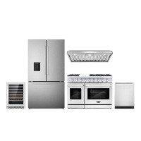 Cosmo 5 Piece Kitchen Package With 48" Freestanding Gas Range 48" Under Cabinet Mount 24" Built-in Fully Integrated Dish