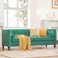 Ebern Designs Mid-Century Velvet Sofa with Bolster Pillows