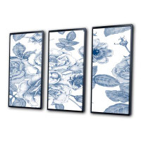 Red Barrel Studio White Vintage Flowers On Classic Blue II - Patterned Framed Canvas Wall Art Set Of 3