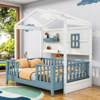 Harper Orchard Twin Wooden House-Shaped Bed with 2 Shelves and Guardrail