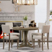Red Barrel Studio TREXM 5-Piece Retro Round Dining Table Set With Curved Trestle Style Table Legs And 4 Upholstered Chai