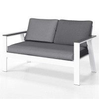 George Oliver Modern Outdoor Double Aluminum Grey White Patio Lounge Chairs Sofa Couch With Wood Grain Finish Arm