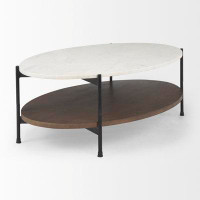 17 Stories Danesha White Marble Top W/ Dark Brown Wood Shelf Oval Coffee Table