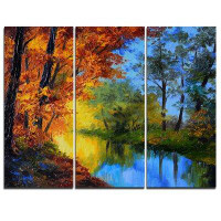 Design Art Autumn Reflecting in River - 3 Piece Painting Print on Wrapped Canvas Set