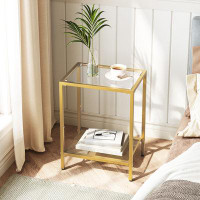 Mercer41 2-Tier Beside Table With Mesh Shelf, Sofa Side Table With Tempered Glass Top, Snack Side Table, Gold
