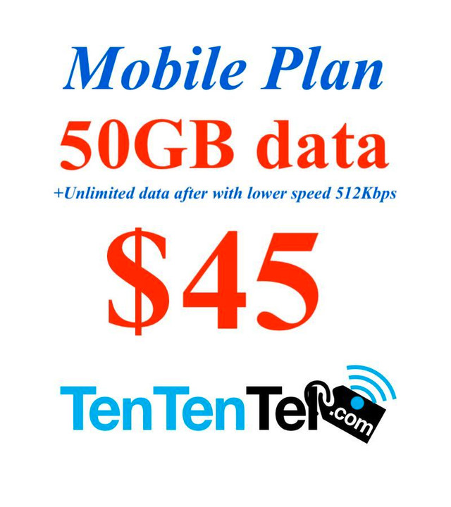 Promo 25GB + bonus 25GB (Total 50GB) $45 (port in availaible) Come with unlimited Talk and Text in Cell Phone Services