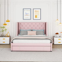 House of Hampton Queen Size Storage Bed Velvet Upholstered Platform Bed With Wingback Headboard And A Big Drawer