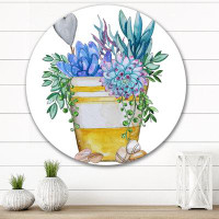 East Urban Home Blue Succulent Plant Composition - Bohemian & Eclectic Metal Circle Wall Art