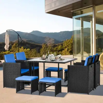9pc Compact PE Rattan Wicker Dining Table Set w/ Cushions for Outdoor Patio Deck - Black & Blue