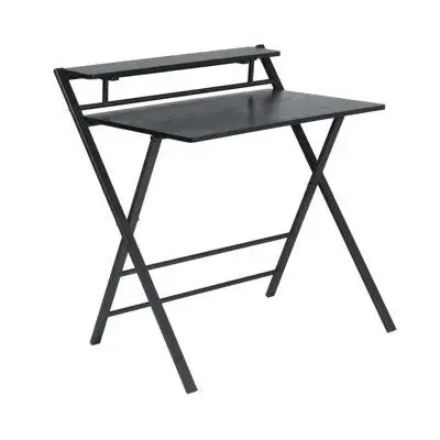 Rosefray '' Foldable 2-tier Writing Desk - Space-saving Home Office Study Table, Metal Frame & Wood Top, Black