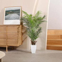 Primrue Artificial Palm Tree 4FT Tall Faux Tropical Palm Plant With White Taper Planter Fake Greenery Potted Plant For H