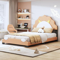 Indigo Safari Twin Size Upholstered Leather Platform Bed With Lion-Shaped Headboard, Brown