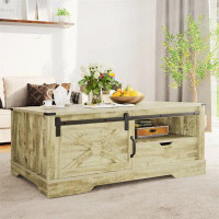 Gracie Oaks Wood Barn Door Modern Coffee Table Light Gray Sofa Small Side End Tables Living Room With Drawer Storage